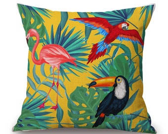 Housse de coussin déco toile de lin et coton beige JUNGLE | Décoration d'intérieur | Salon | Design Tropical | Perroquets et flamant rose