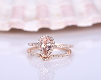 morganite bridal setmorganite ring set6x8mm pear cut morganite engagement ringhalf - Morganite Wedding Ring morganite bridal setmorganite ring set6x8mm pear cut morganite engagement ringhalf - Morganite Wedding Ring