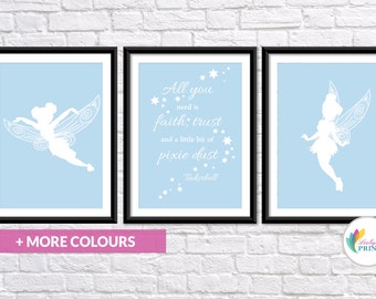 Tinkerbell Prints - Fairy Prints - Set of 3 - Custom Colour - Girls Bedroom Prints, Nursery Art, Kids Wall Art, Nursery Print