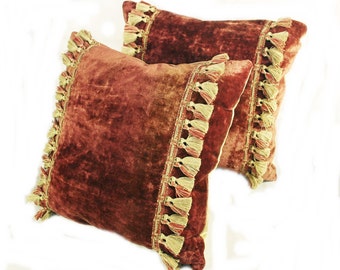 Pair of Antique Velvet Pillows In Rich Madder Red, vintage pillows, 18" red velvet, french, bohemien decor, roccoco, elegant, rare fabric