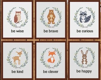 Set of 6 cross stitch patterns Woodland Animals cross stitch pattern Fox Bear Raccoon Deer Owl Bunny Fawn Woodland animals Nursery decor