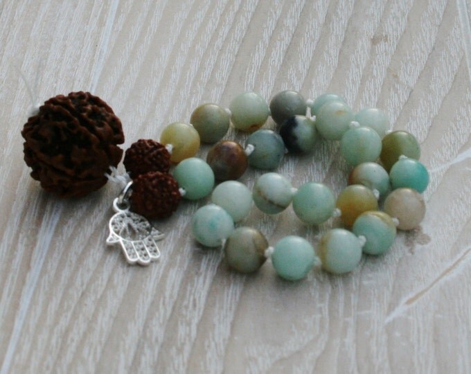 Hiresh small dark Mala, 27 + 1 Beads, Rudraksh Guru Bead, Hamsa Hand, Japa Mala, Jewels, Yoga, Yoga Yoga Mala Gift