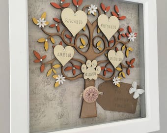 Personalised Family Tree Hanging Wall Art, Family Tree Frame, gifts for her, Family Tree with hearts, Family gift, Grandchildren Tree