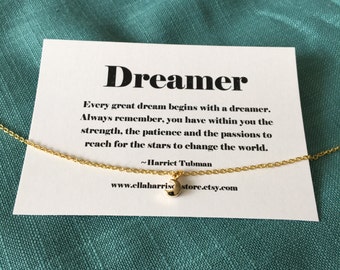 Tiny moon charm necklace-gold moon necklace, inspirational quote, dreamer quote, best friend, friendship necklace, gift for her, best friend