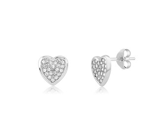 Rhodium plated Sterling Silver and Cubic Zirconia Heart Post Earrings