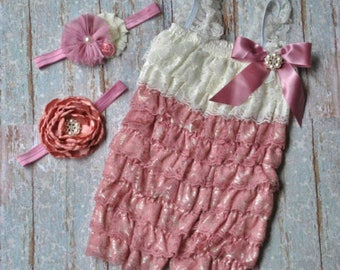 Dusty Rose and Ivory Lace Romper with Headband Infant Toddler