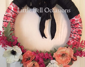 Wreath/Dramatic Floral Ribbon Wreath/Every Day/Statement Wreath/Black/Chic/Vibrant Colors/Unique/Modern/Front Door/Bedroom/Gift/Different