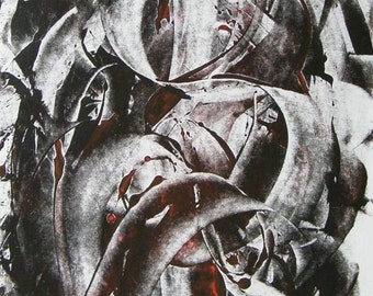 Art abstrait contemporain - Encres sur papier "Peinture abstraite" Oeuvre originale - Volutes Noir et rouge - Impression encre