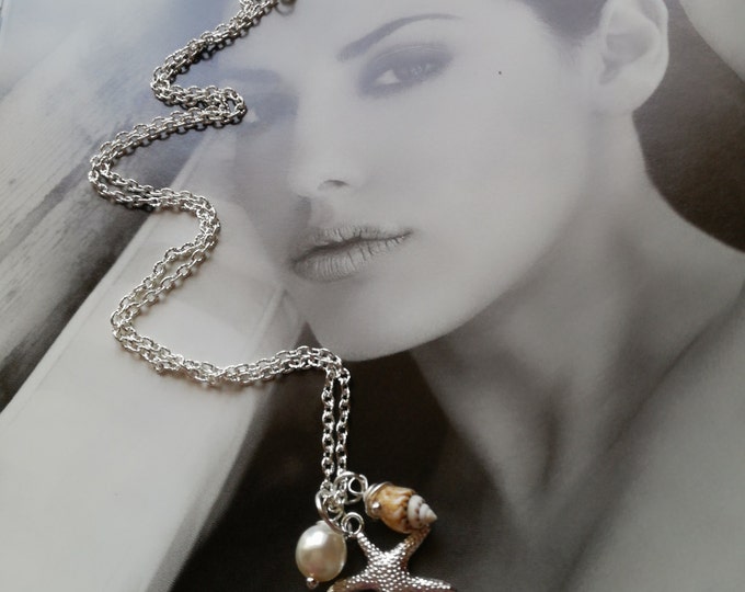 Starfish Necklace, Seashell necklace,Beach Wedding, Summer Jewelry, Nautical Charm Pendant, Starfish Jewelry, Starfish Necklace with Pearl