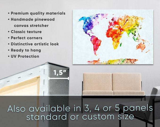 Large Watercolor World Map Canvas Panels Set, Abstract World Map Print, / 1,3,4 or 5 Panels on Canvas Wall Art for Home & Office Decor