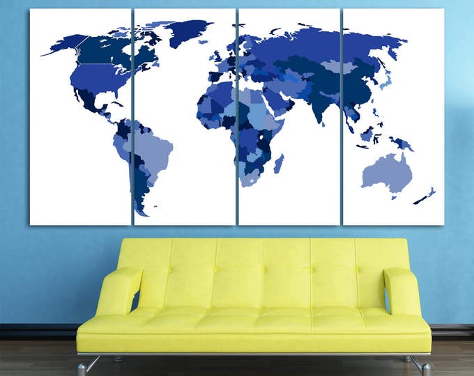 Large blue world map canvas panel print, blue push pin world map, blue push pin world map framed, Blue world map canvas with country borders