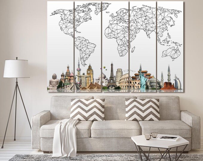 Extra large abstract world map wall art canvas print, geomentric map of the world with sights poster on canvas print set of 3 or 5 panels