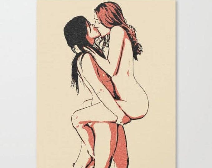 Erotic Canvas Art Print - Girls love to play naughty, unique, sexy conte style drawing, lesbians kissing sketch sensual high quality artwork