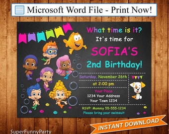 Bubble Guppies Invitation, Chalkboard Bubble Guppies Invite, Bubble Guppies Printables, Editable Microsoft Word file, DIY Word Template