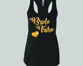 Bride Tribe gold metallic design on black tank
