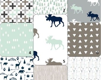Neutral Woodland Nursery Bedding Set - Moose, Bears, Navy, Tan - Rustic Nursery Bedding Set - Woodland Toddler Bedding Set - Mint Arrow Deer