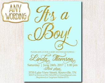 It's a boy invitation, Baby Boy Sprinkle invitation, Baby Boy Shower Invitation, Blue Teal gold glitter baby shower, Calligraphy font - 1626