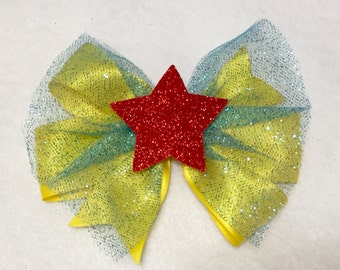 wonder woman hair bow, superhero baby bow, girls superhero bow, wonder woman headband, star hair bow, yellow hair bow, red star bow