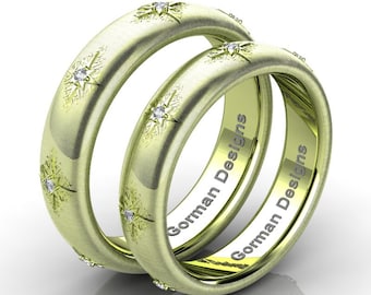 Gorgeous Italian 18K Green Gold Rigato Diamond Wedding Band Set G1112SB-18KGGRD