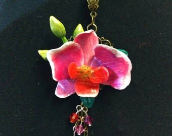 Pink white Orchid and crystals pendant necklace