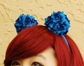 Floral Mouse Ear Headband | Flower Bear Ear Headband -- Blue