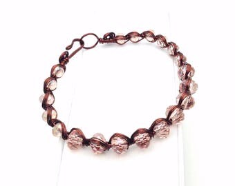Handmade Bracelet, Pink Swarovski Crystal Beaded Bracelet, Wire Wrap Bracelet, Wire Bracelet, Bangle, October birthstone