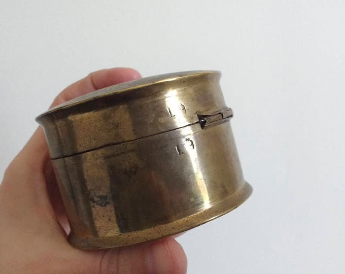 Vintage brass box, possibly trench art from a brass shell casing, jewelry box, trinket box, round watch case, watch box, cufflink box