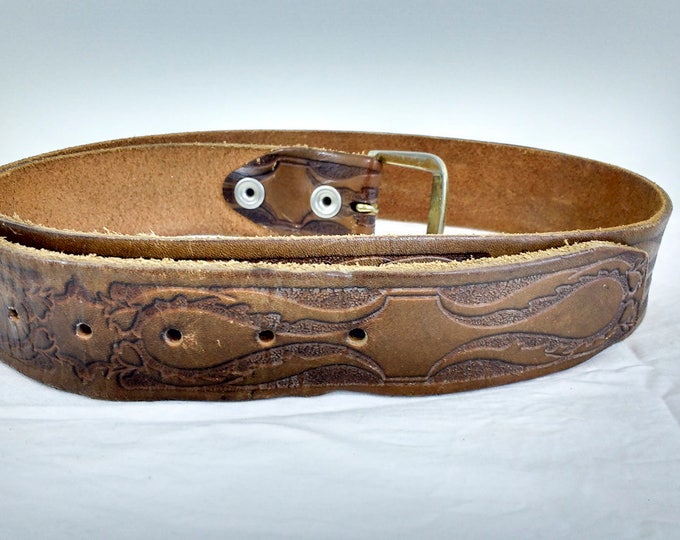 Tooled leather belt, genuine leather ladies or mens belt, brown leather belt, vintage belt, 40 inches long / 1 - 5/8 inches wide