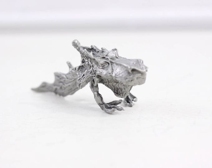 Pewter dragon figurine, artist made small dragon statue, swamp monster D&D rolepaying figurine, mystical fantasy creature, mystery object