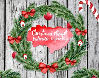 Watercolor Christmas clipart, Holiday clipart, winter clipart, Christmas Wreath Clipart, Planner Christmas Digital, Snowflakes Clip art