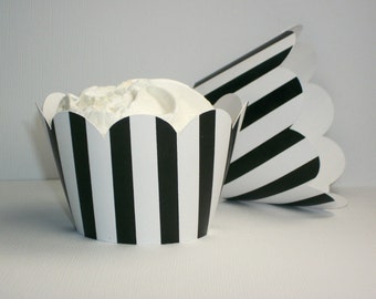 NEW! Black & White Stripe Cupcake Wrappers- birthday party decor, baby showers, weddings, parties-(Set of 12+) Wrap your cupcakes in style!