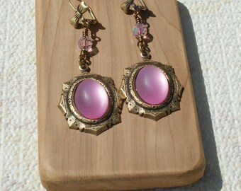 Pink Moonstone Brass Ox Earrings