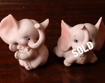 Vintage Kelvin's Porcelain Pink Elephant Figurines-Japan-Pink Elephant Figurine with Bowtie-Gold Trim