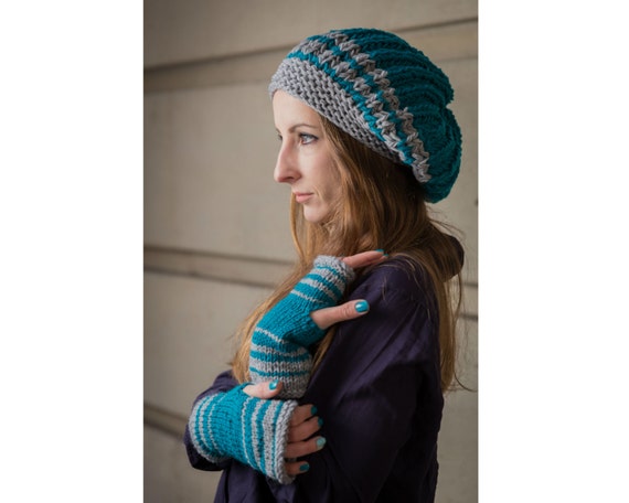 Knitted Slouchy Hat and Fingerless Gloves, Dread Hat and Gloves Set, Tam Hat and Arm Warmers, Teal and Gray Hat and Texting Gloves, Beanie