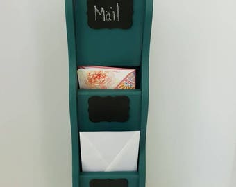 Mail organizer,wooden mail sorter,teal mail sorter,wall mail sorter,3 slot wooden mail station,upcycled wooden mail sorter,mail letter rack