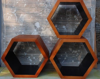 ALL SIZES Set of 3 wooden wall shelves,geometric shelf,hexagon shelf,Hexagon shelving,rustic wall shelves,wall furniture,industrial shelves
