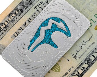 Turquoise Money Clip Silver Engraved Hopi Heartline Bear