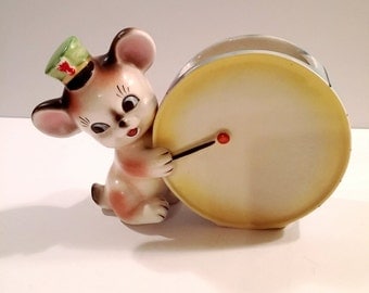 Vintage Kitsch Ceramic Mouse and Drum Planter