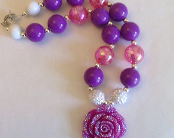 Purple little girl's chunky bubblegum beaded necklace w/ sparkly rose accent pendant, princess inspired necklace, purple pink & white beads