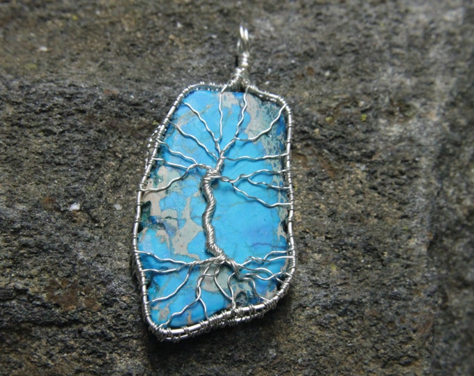 Blue Tree of Life Aqua Terra Sea Jasper Wire Wrap Pendant Boho Hippie Nature Mens or Ladies Jewelry Valentines Day Gift for Him or Her