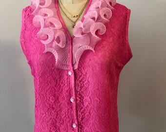 Vintage lace shirt, fab 208 nyc, pink lace shirt, overdyed, hand dyed, vintage, ruffle shirt, recycled, hand dyed, 1950's