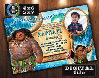MAUI on Disney Moana Birthday Invitation, CUSTOM Digital File, Any age, With Photo (MD#4)