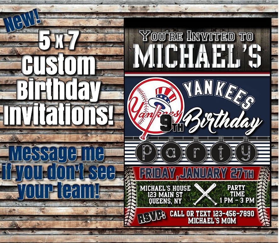 New York Yankees 5x7 Printable Birthday Party Invitation