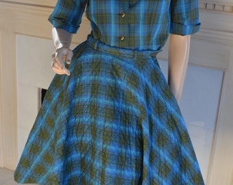 Vintage Jane Compton Rockabilly Plaid Full Circle Skirt Quilted Western S