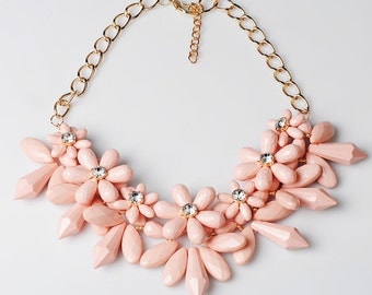 Chunky Pink Flower Bib Statement Necklace