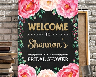 Floral Bridal Shower Welcome Sign. Pink Gold Chalkboard Wedding. Watercolor Flowers. Boho Shower Decor. Peonies. Chic Wedding Sign. FLO1