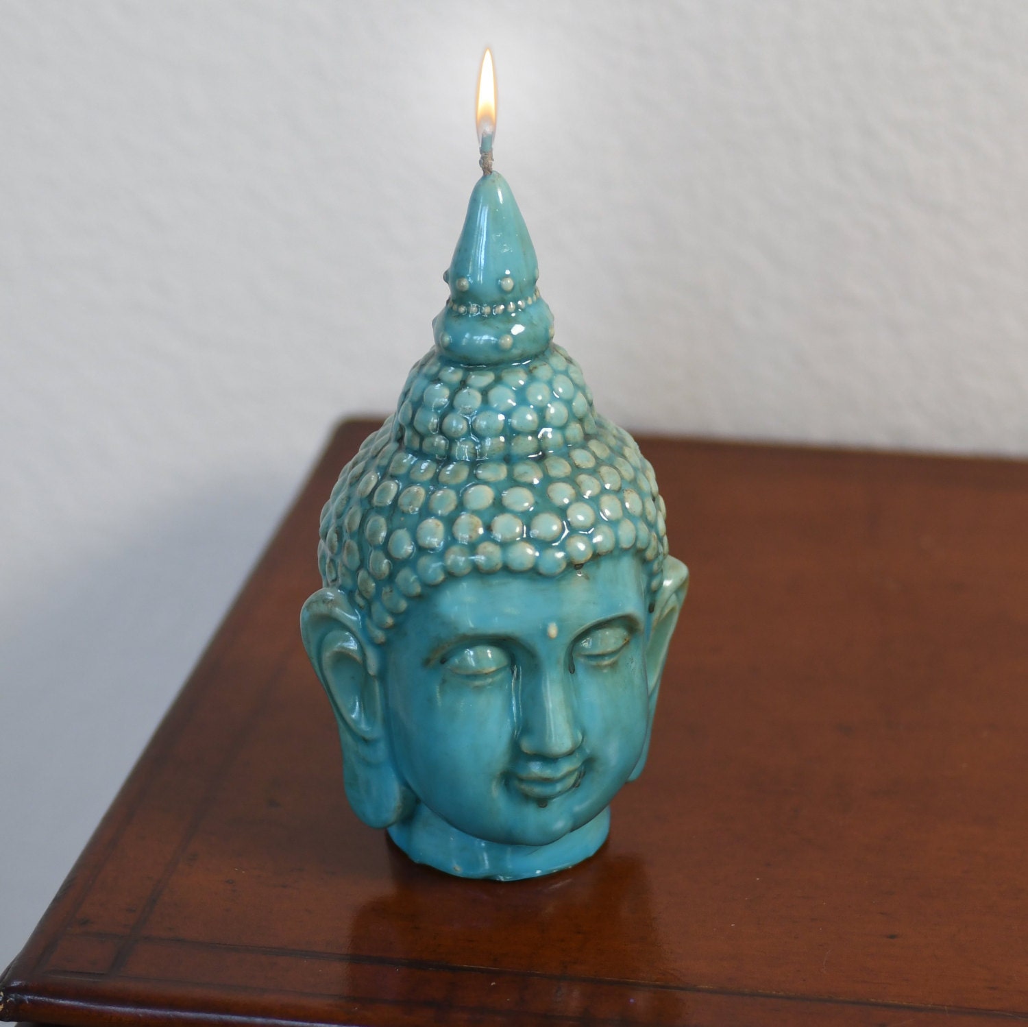 Buddha Head Candle Turquoise Glaze by SpiceDecor on Etsy