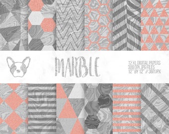 Silver & Rose Gold Marble Digital Papers, Marble Ombre, Geometric Texture, Pastels Digital Paper, Scrapbooking Papers