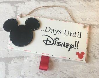 Days until Disney, disneyland countdown. Handmade wooden sign plaque with Mickey Mouse head. Comes ready with chalk