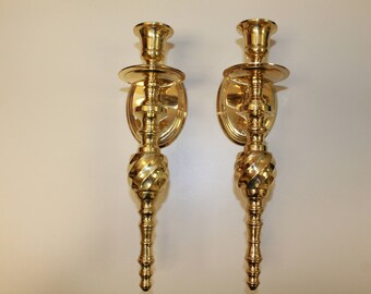 Vintage Heavy Brass Twisted Staff Wall Sconces, Candle Holders